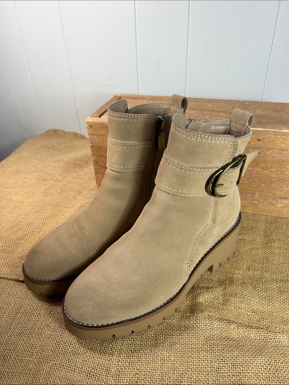 Blondo Taupe Suede Waterproof Lug-Sole Ankle Boots with Buckle - Picture 2 of 11